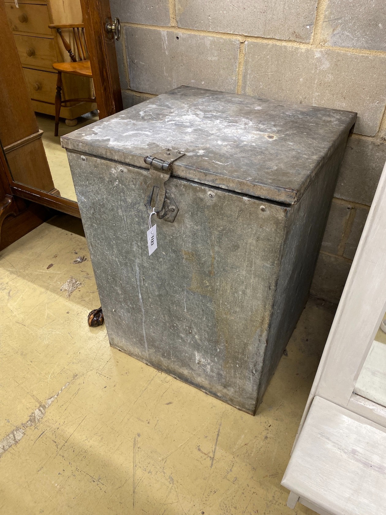 A vintage galvanised grain bin with locking hasp, width 58cm, depth 58cm, height 80cm